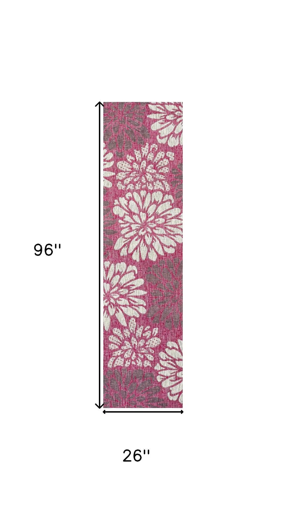 8' Fuchsia And Light Gray Floral Indoor Outdoor Runner Rug Homeroots Outdoor