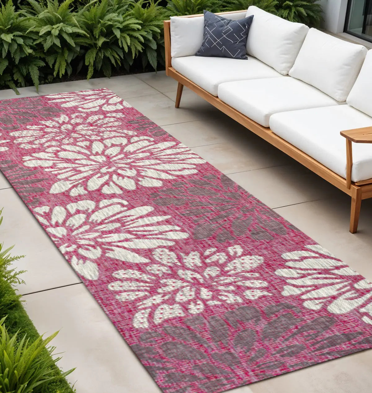 8' Fuchsia And Light Gray Floral Indoor Outdoor Runner Rug Homeroots Outdoor