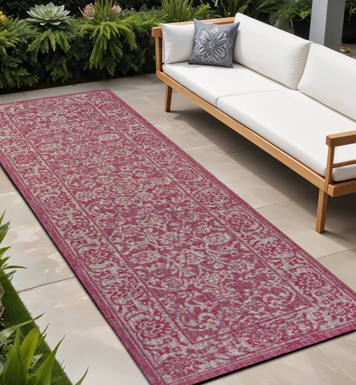 8' Fuchsia And Light Gray Medallion Indoor Outdoor Runner Rug Homeroots Outdoor