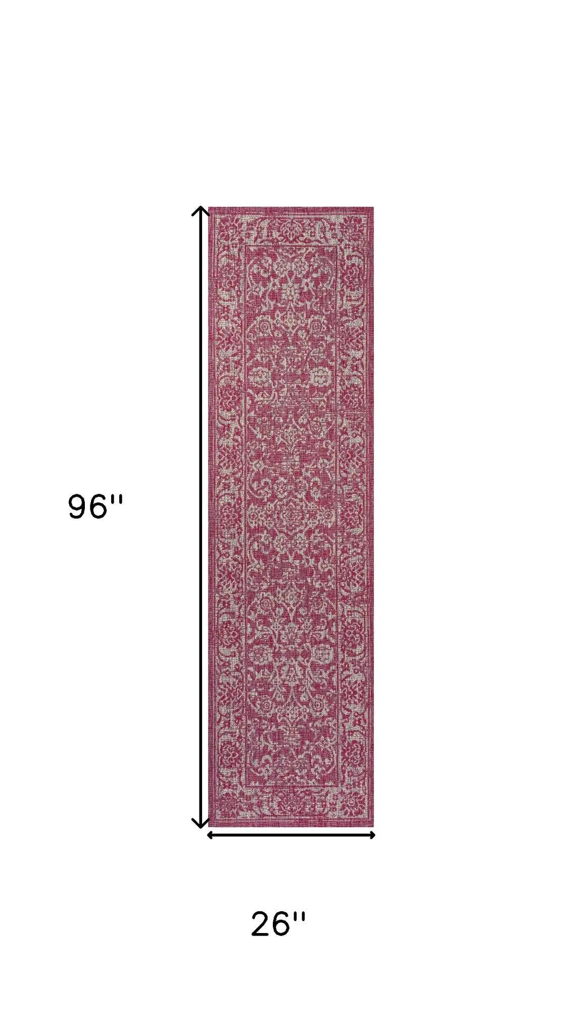 8' Fuchsia And Light Gray Medallion Indoor Outdoor Runner Rug Homeroots Outdoor