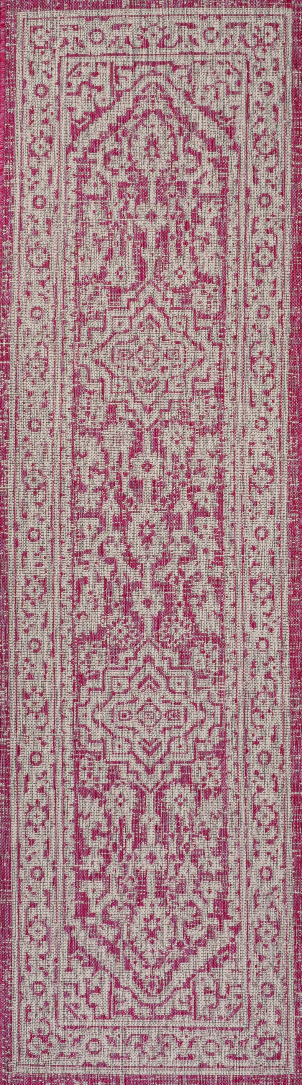 8' Fuchsia And Light Gray Medallion Indoor Outdoor Runner Rug Homeroots Outdoor