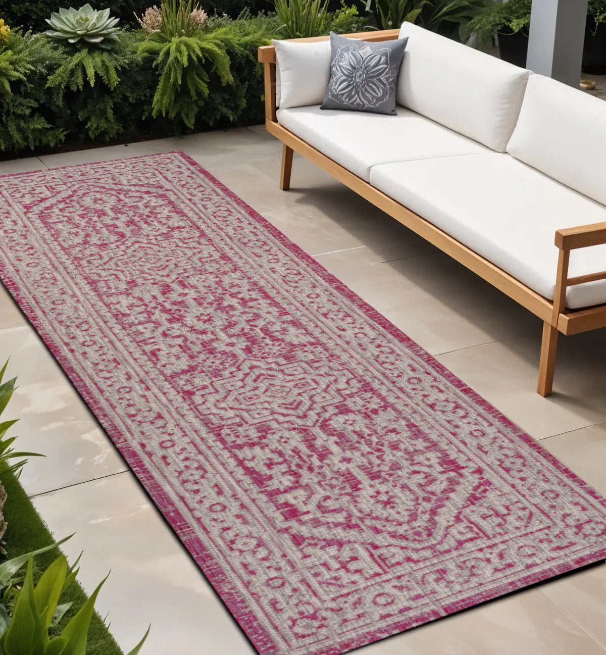 8' Fuchsia And Light Gray Medallion Indoor Outdoor Runner Rug Homeroots Outdoor