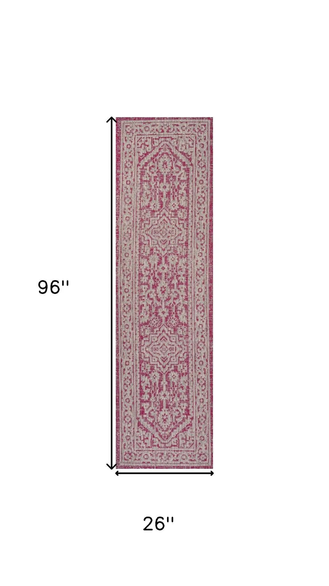 8' Fuchsia And Light Gray Medallion Indoor Outdoor Runner Rug Homeroots Outdoor
