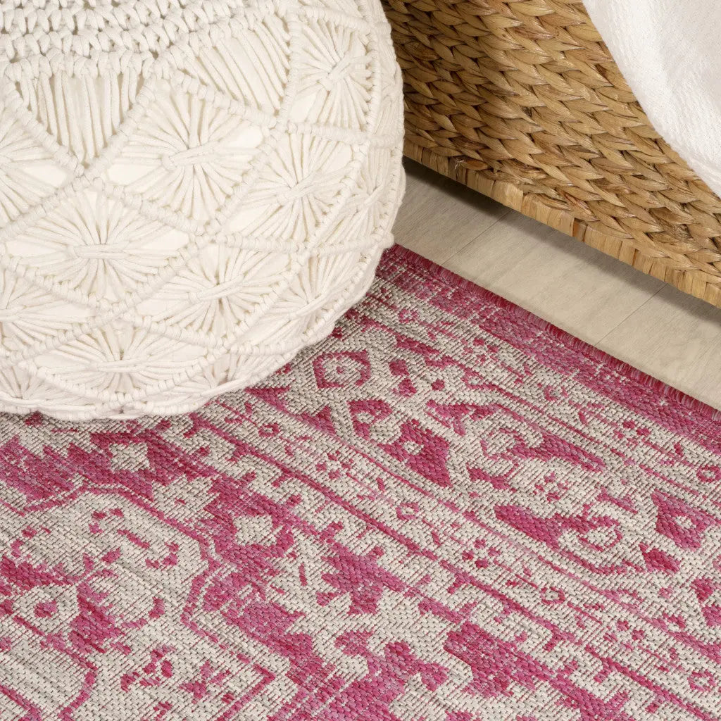 8' Fuchsia And Light Gray Medallion Indoor Outdoor Runner Rug Homeroots Outdoor
