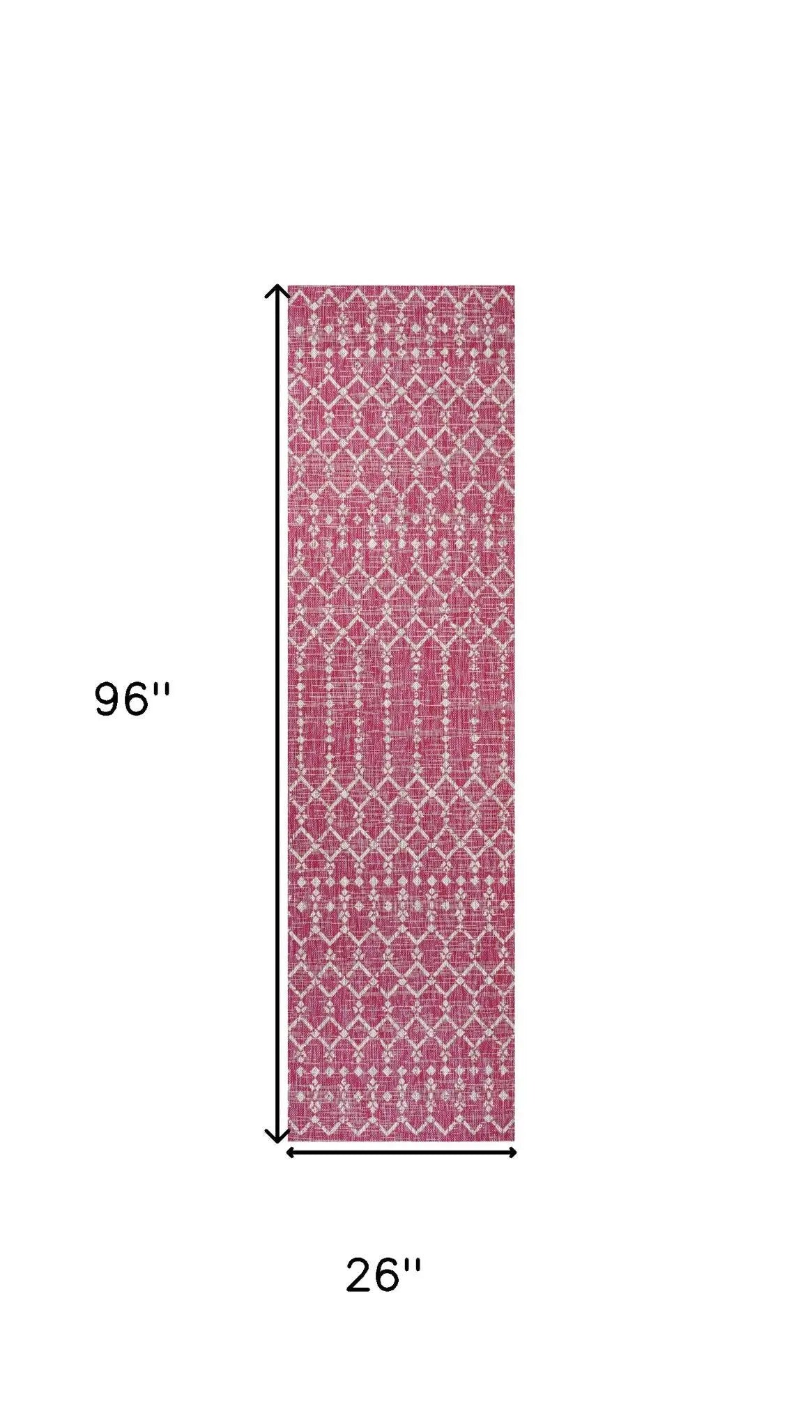 8' Fuchsia And Light Gray Trellis Indoor Outdoor Runner Rug Homeroots Outdoor
