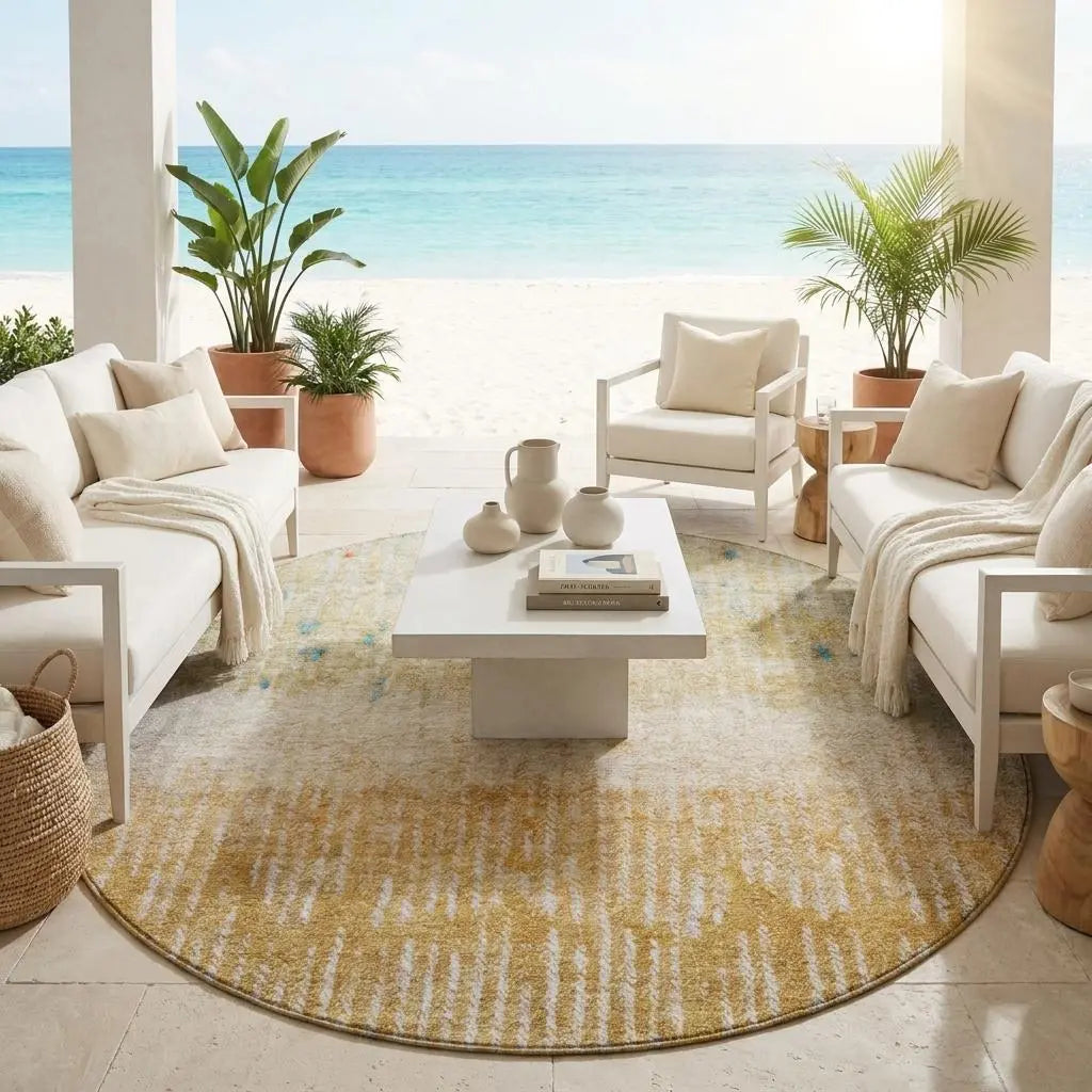 8' Gold And Beige Round Abstract Washable Indoor Outdoor Area Rug Homeroots Outdoor