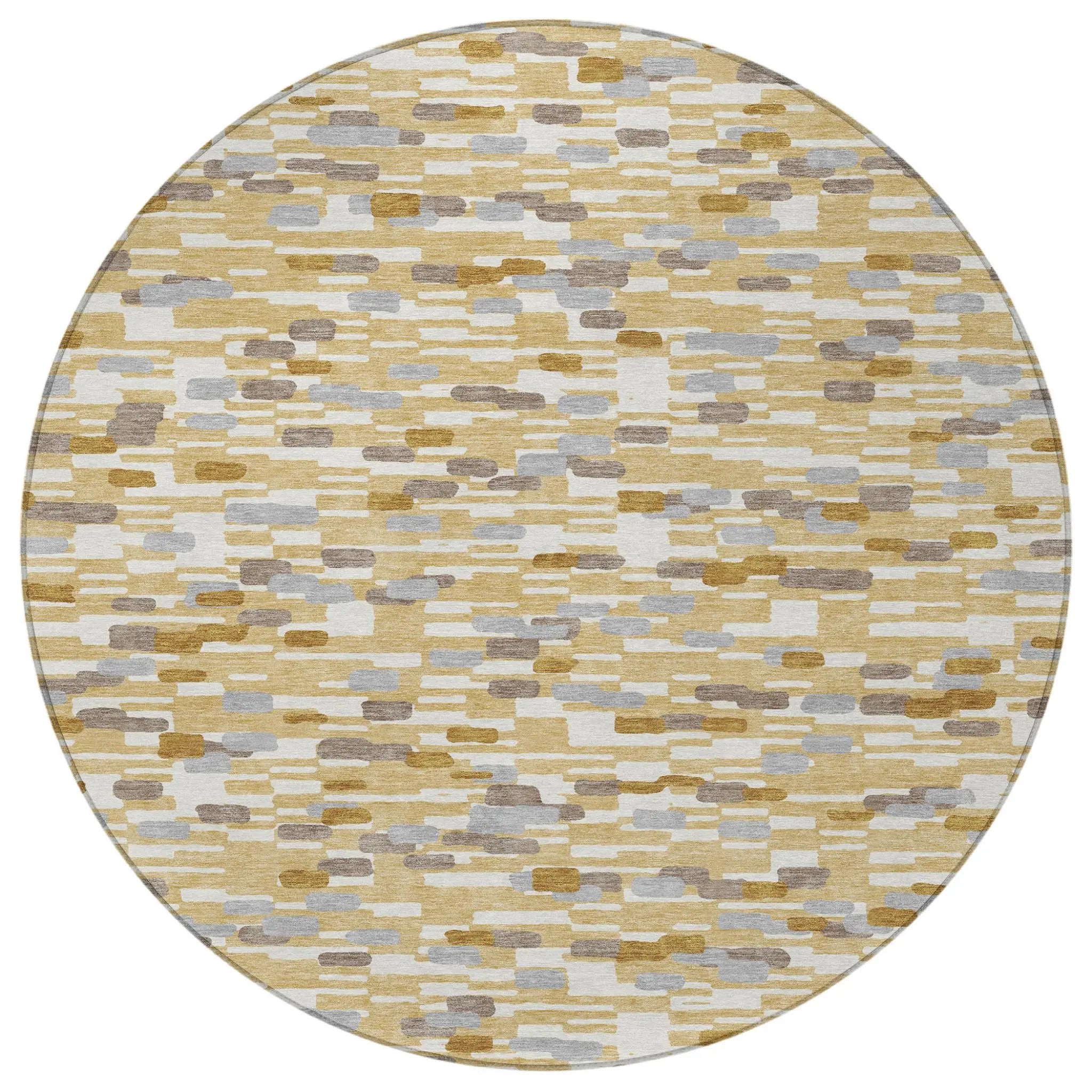 8' Gold And Beige Round Geometric Washable Indoor Outdoor Area Rug Homeroots Outdoor