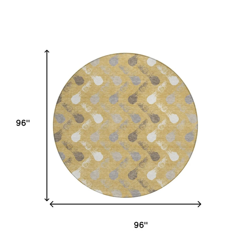 8' Gold And Beige Round Geometric Washable Indoor Outdoor Area Rug Homeroots Outdoor
