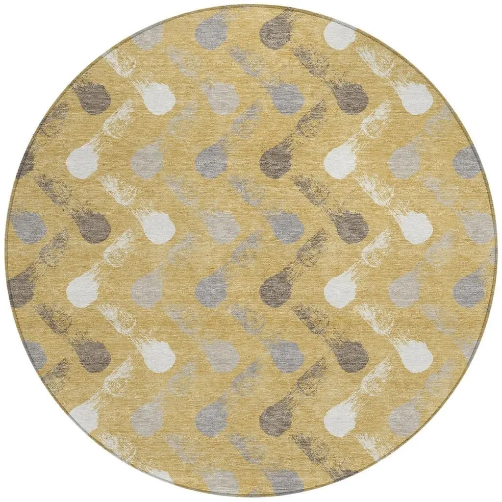 8' Gold And Beige Round Geometric Washable Indoor Outdoor Area Rug Homeroots Outdoor