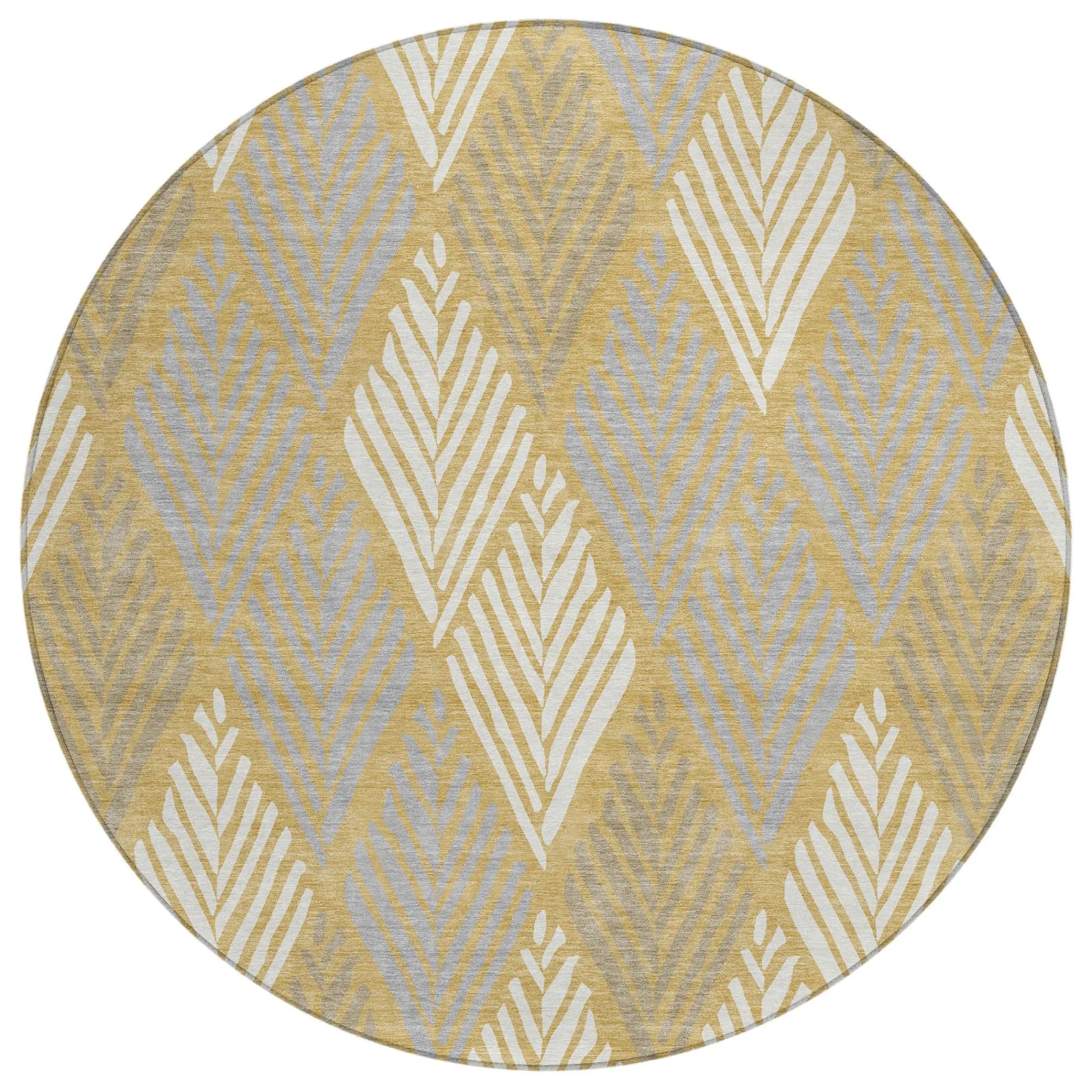 8' Gold And Beige Round Geometric Washable Indoor Outdoor Area Rug Homeroots Outdoor