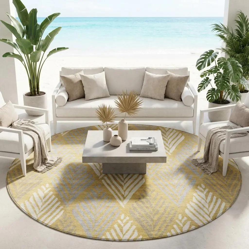 8' Gold And Beige Round Geometric Washable Indoor Outdoor Area Rug Homeroots Outdoor
