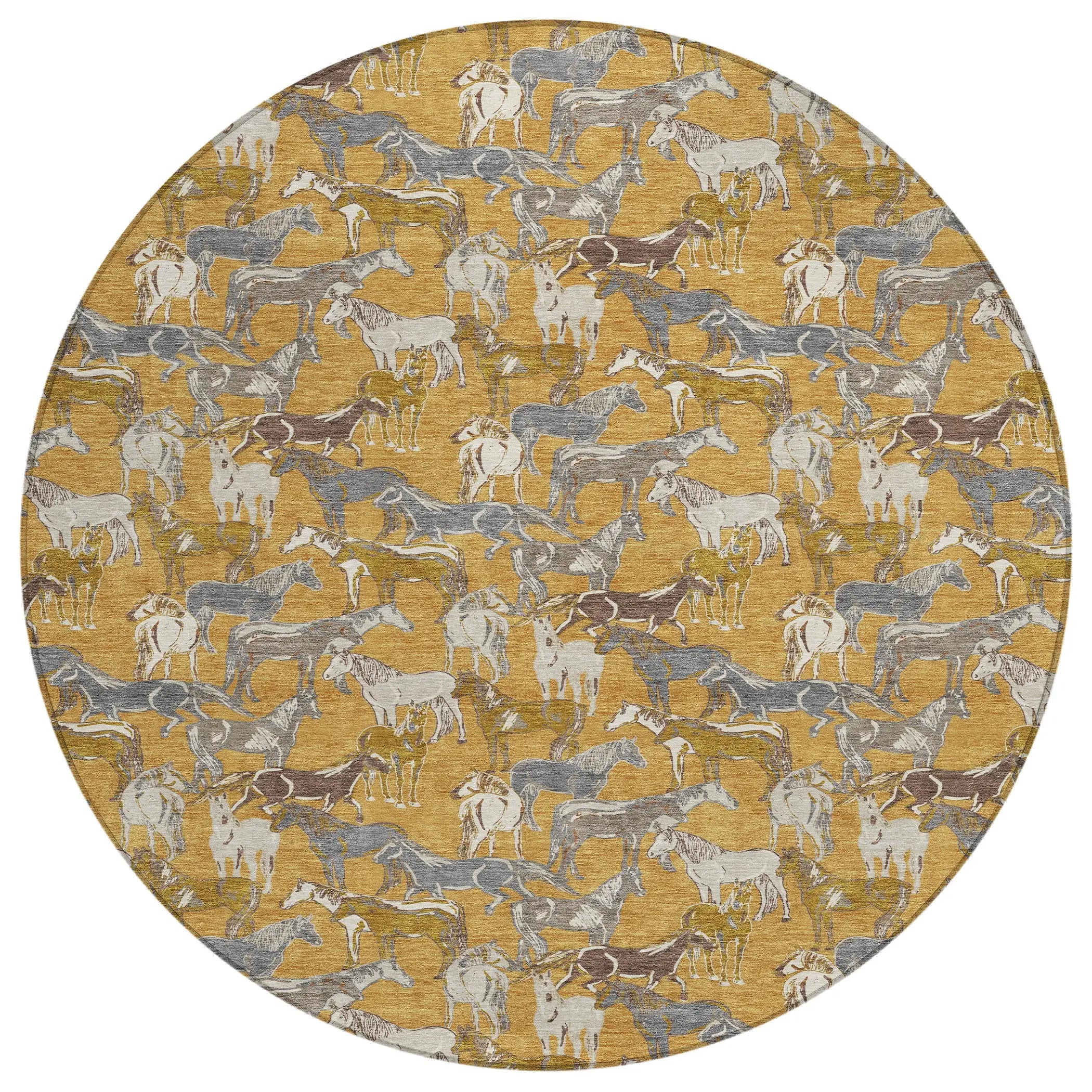 8' Gold And Beige Round Horse Washable Indoor Outdoor Area Rug Homeroots Outdoor