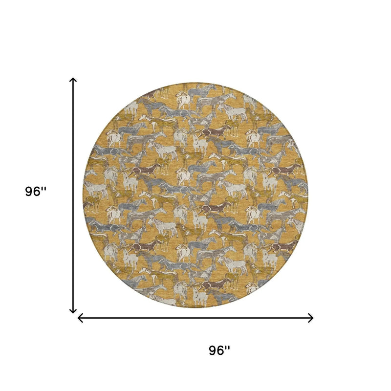 8' Gold And Beige Round Horse Washable Indoor Outdoor Area Rug Homeroots Outdoor