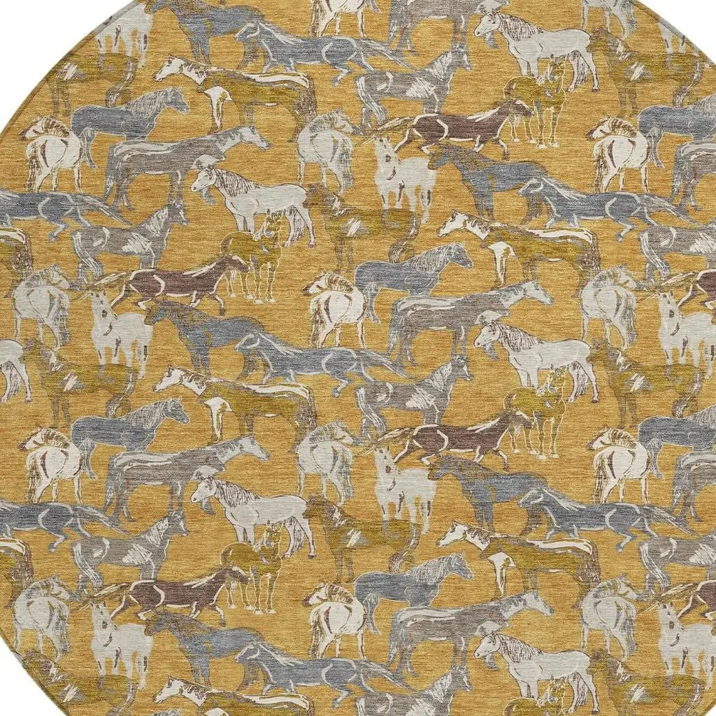 8' Gold And Beige Round Horse Washable Indoor Outdoor Area Rug Homeroots Outdoor