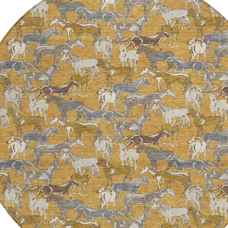 8' Gold And Beige Round Horse Washable Indoor Outdoor Area Rug Homeroots Outdoor