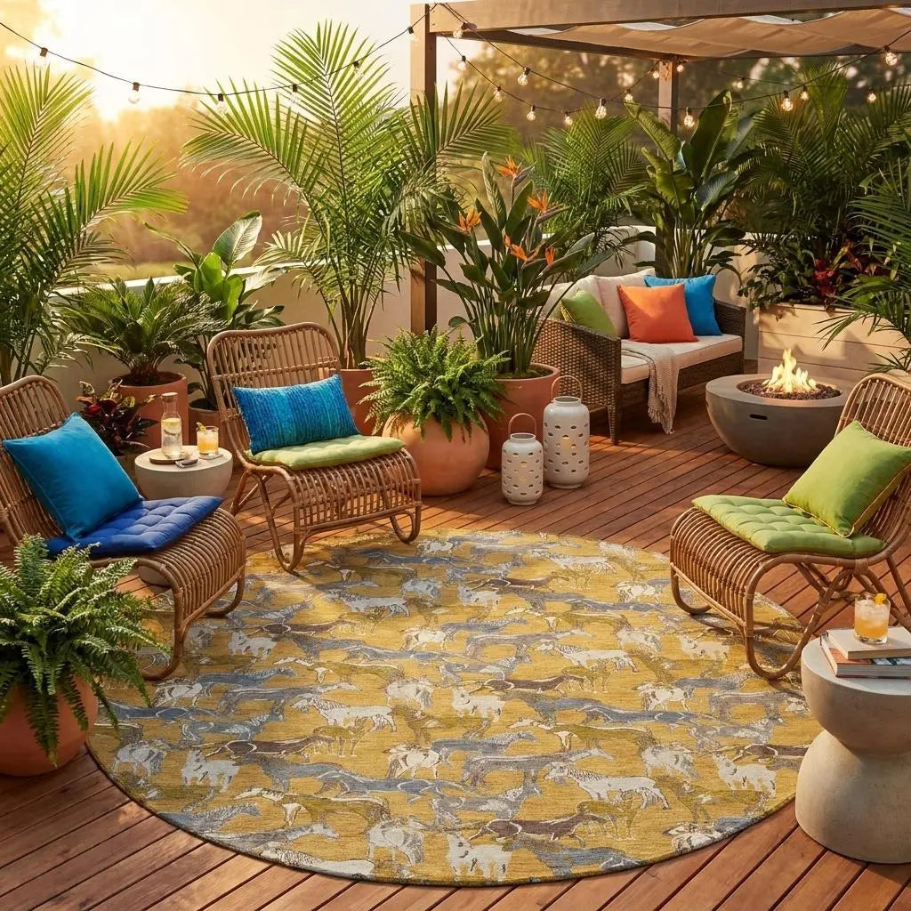 8' Gold And Beige Round Horse Washable Indoor Outdoor Area Rug Homeroots Outdoor