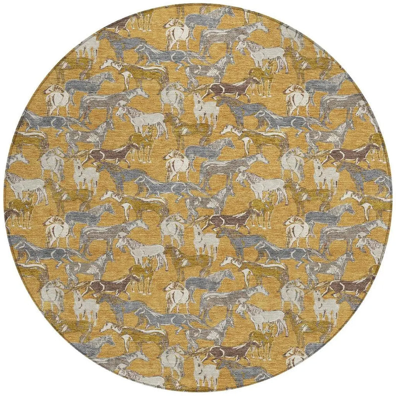 8' Gold And Beige Round Horse Washable Indoor Outdoor Area Rug Homeroots Outdoor