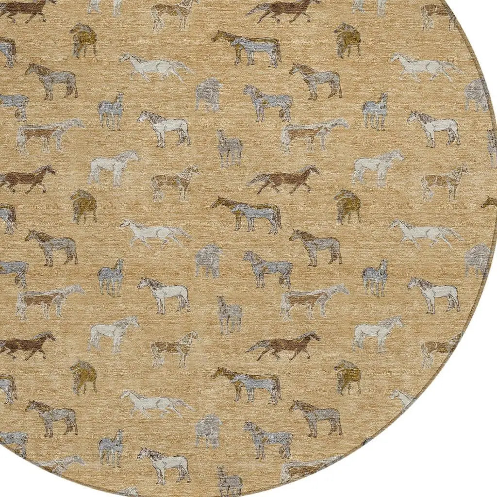 8' Gold And Beige Round Horse Washable Indoor Outdoor Area Rug Homeroots Outdoor