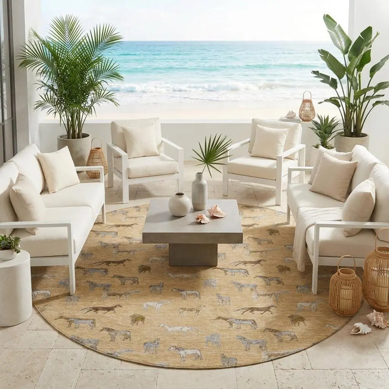 8' Gold And Beige Round Horse Washable Indoor Outdoor Area Rug Homeroots Outdoor