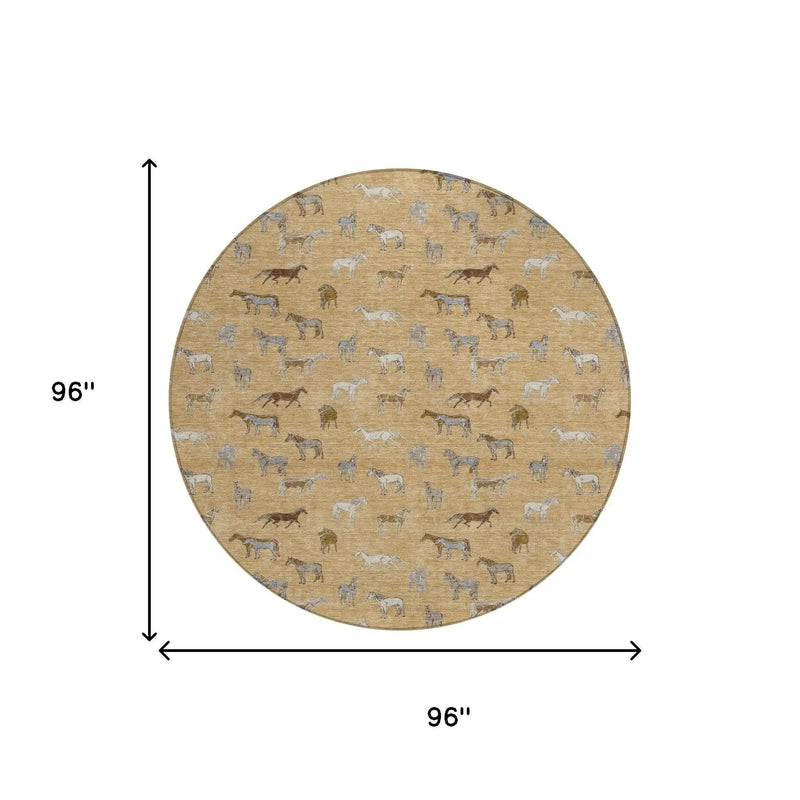8' Gold And Beige Round Horse Washable Indoor Outdoor Area Rug Homeroots Outdoor