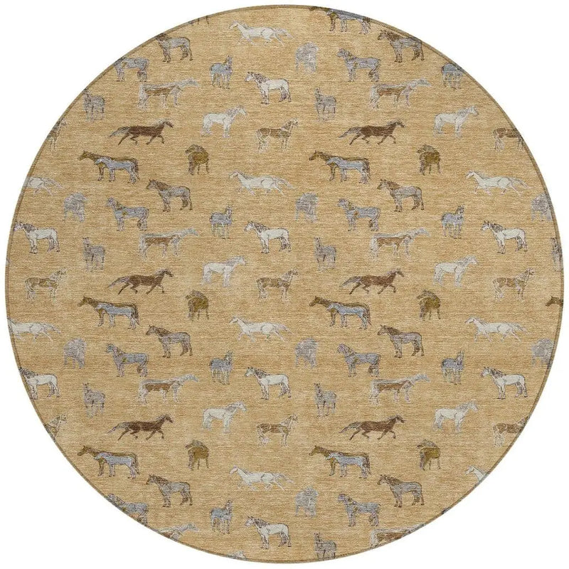 8' Gold And Beige Round Horse Washable Indoor Outdoor Area Rug Homeroots Outdoor