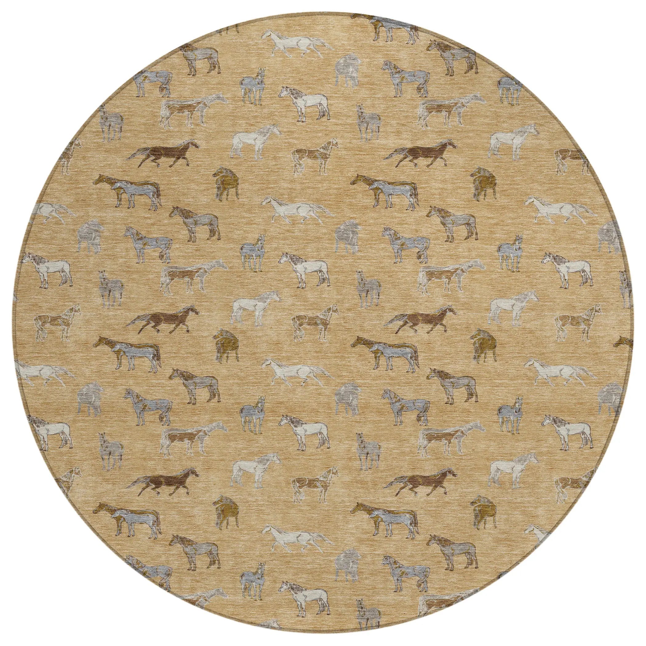 8' Gold And Beige Round Horse Washable Indoor Outdoor Area Rug Homeroots Outdoor