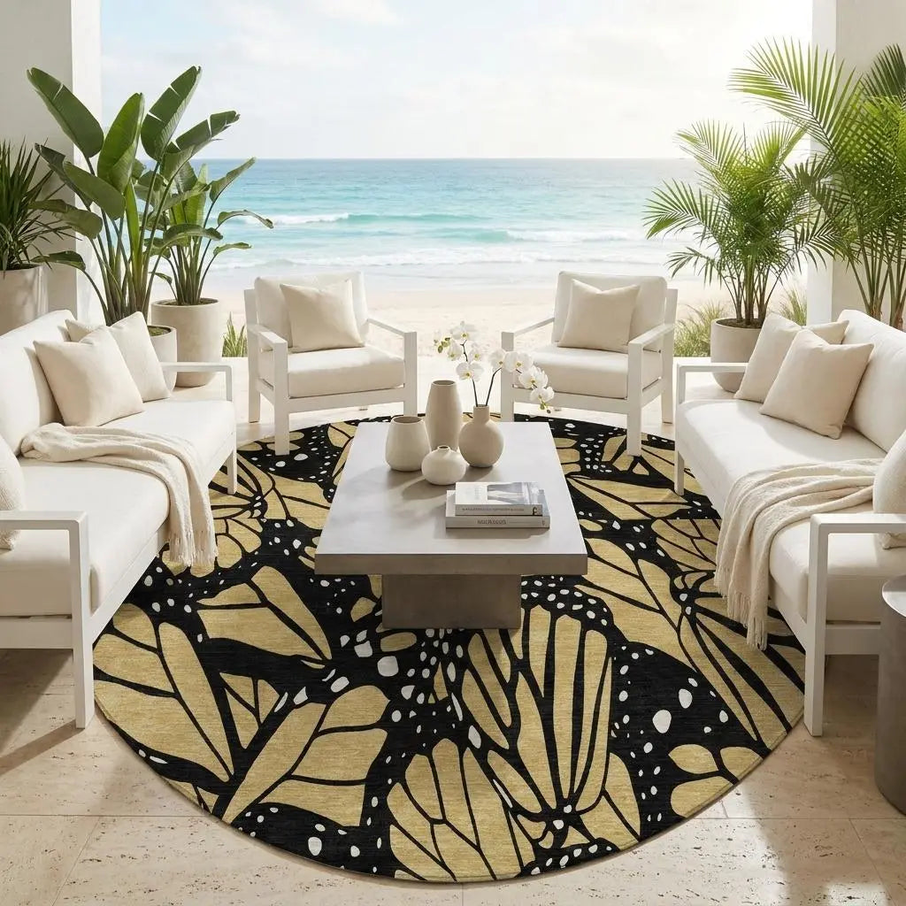 8' Gold And Black Round Animal Print Washable Indoor Outdoor Area Rug Homeroots Outdoor