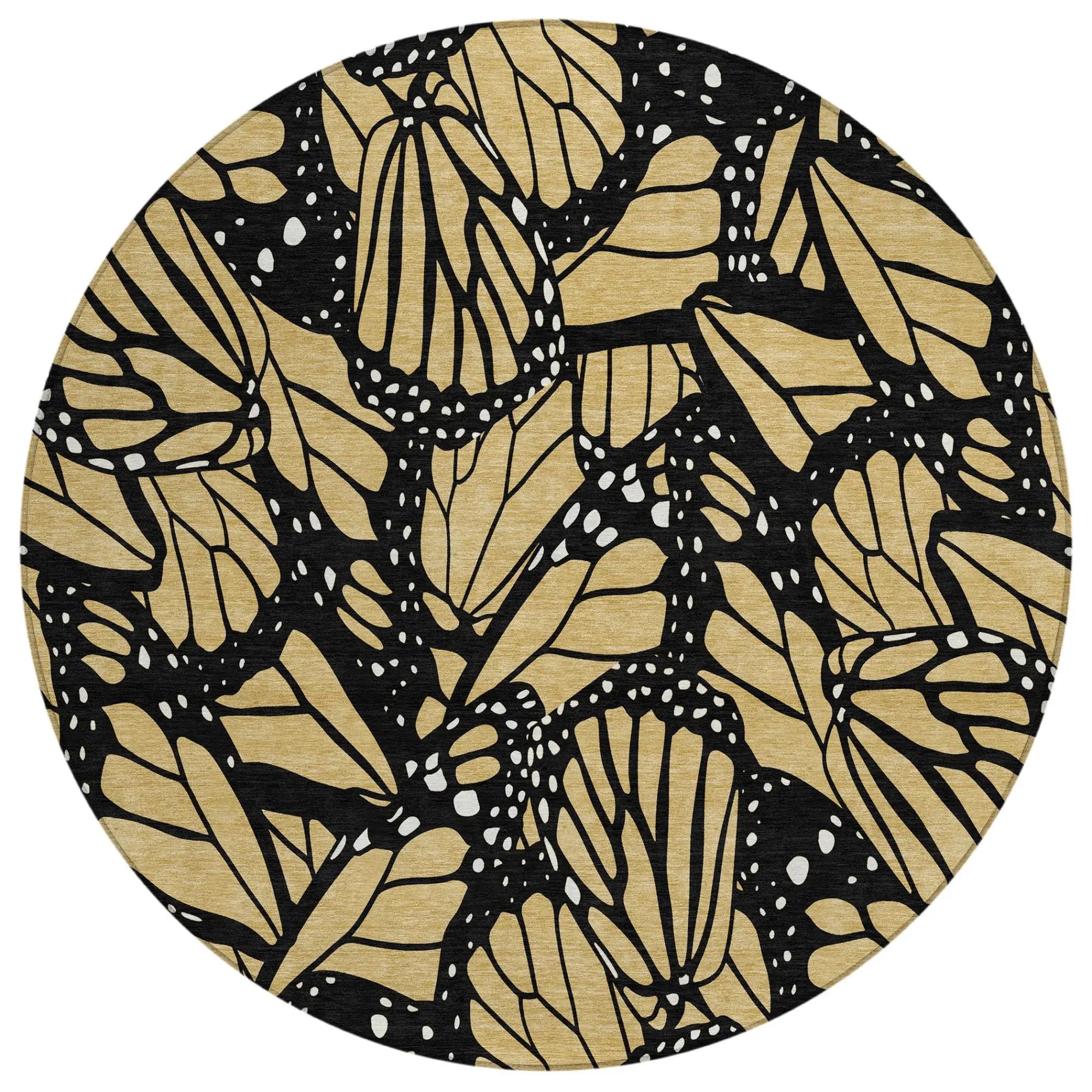 8' Gold And Black Round Animal Print Washable Indoor Outdoor Area Rug Homeroots Outdoor