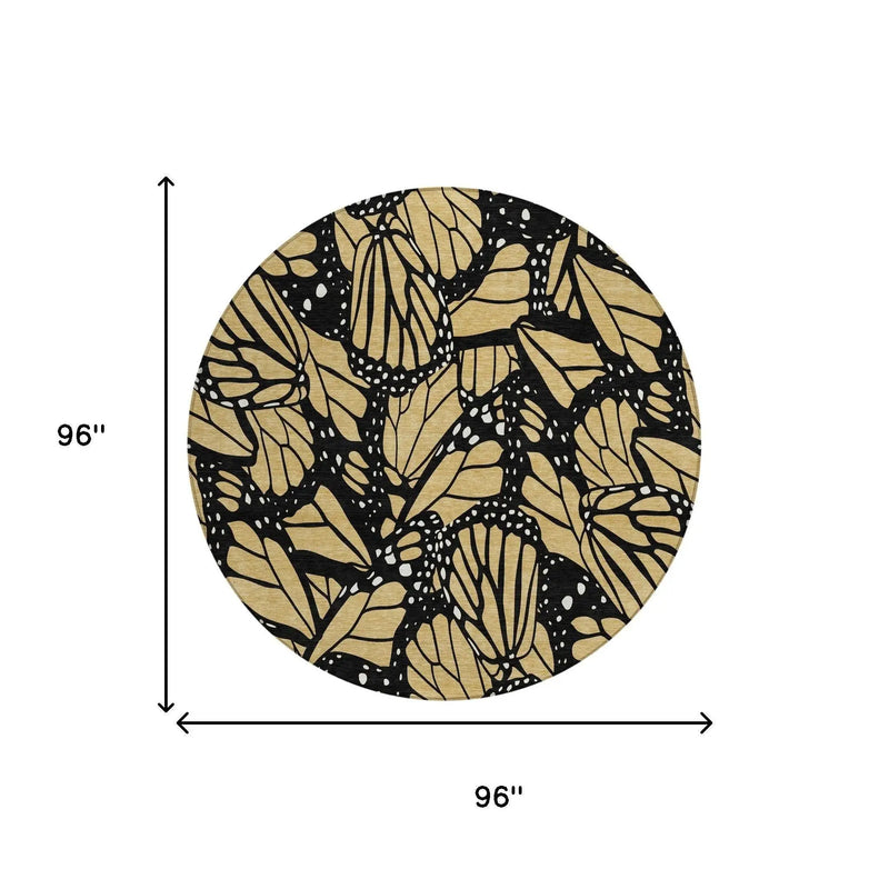 8' Gold And Black Round Animal Print Washable Indoor Outdoor Area Rug Homeroots Outdoor