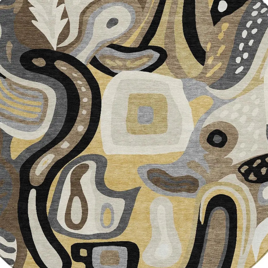 8' Gold And Brown Round Abstract Washable Indoor Outdoor Area Rug Homeroots Outdoor