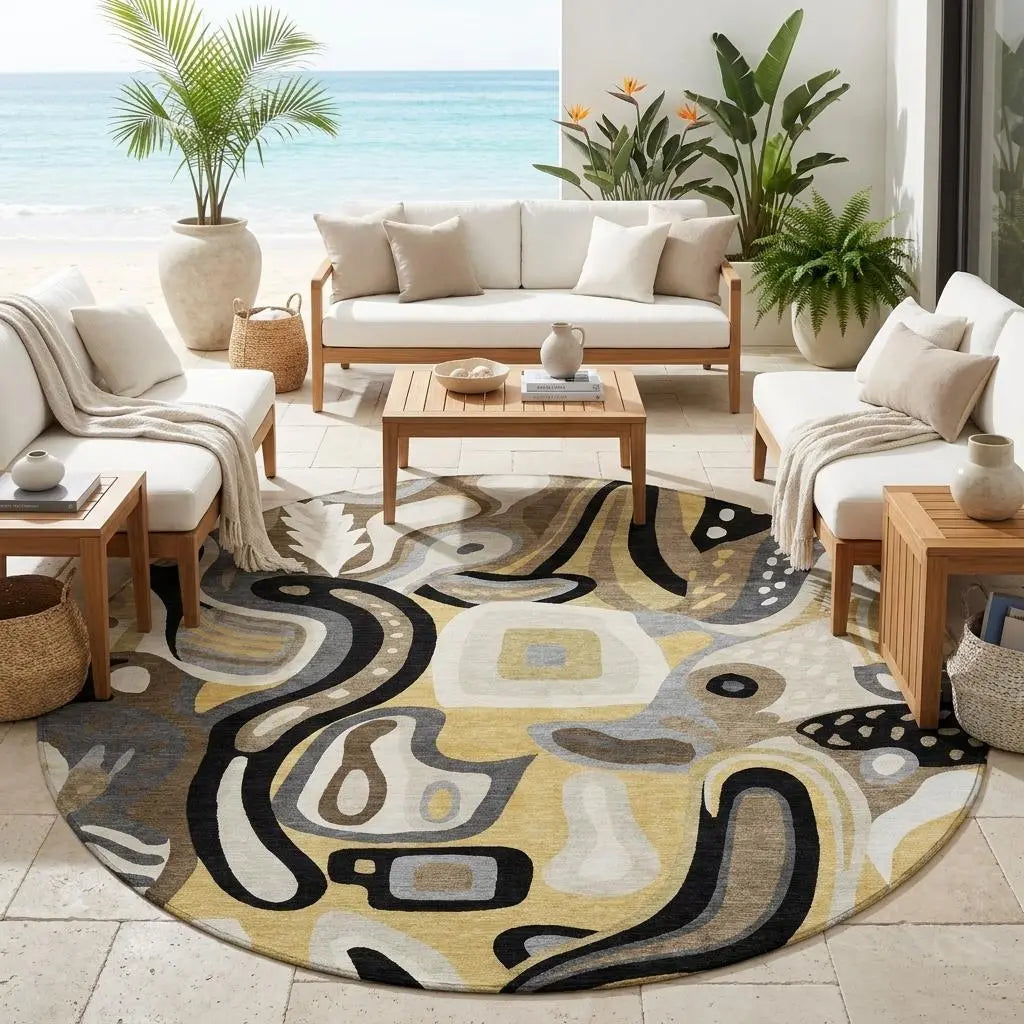 8' Gold And Brown Round Abstract Washable Indoor Outdoor Area Rug Homeroots Outdoor