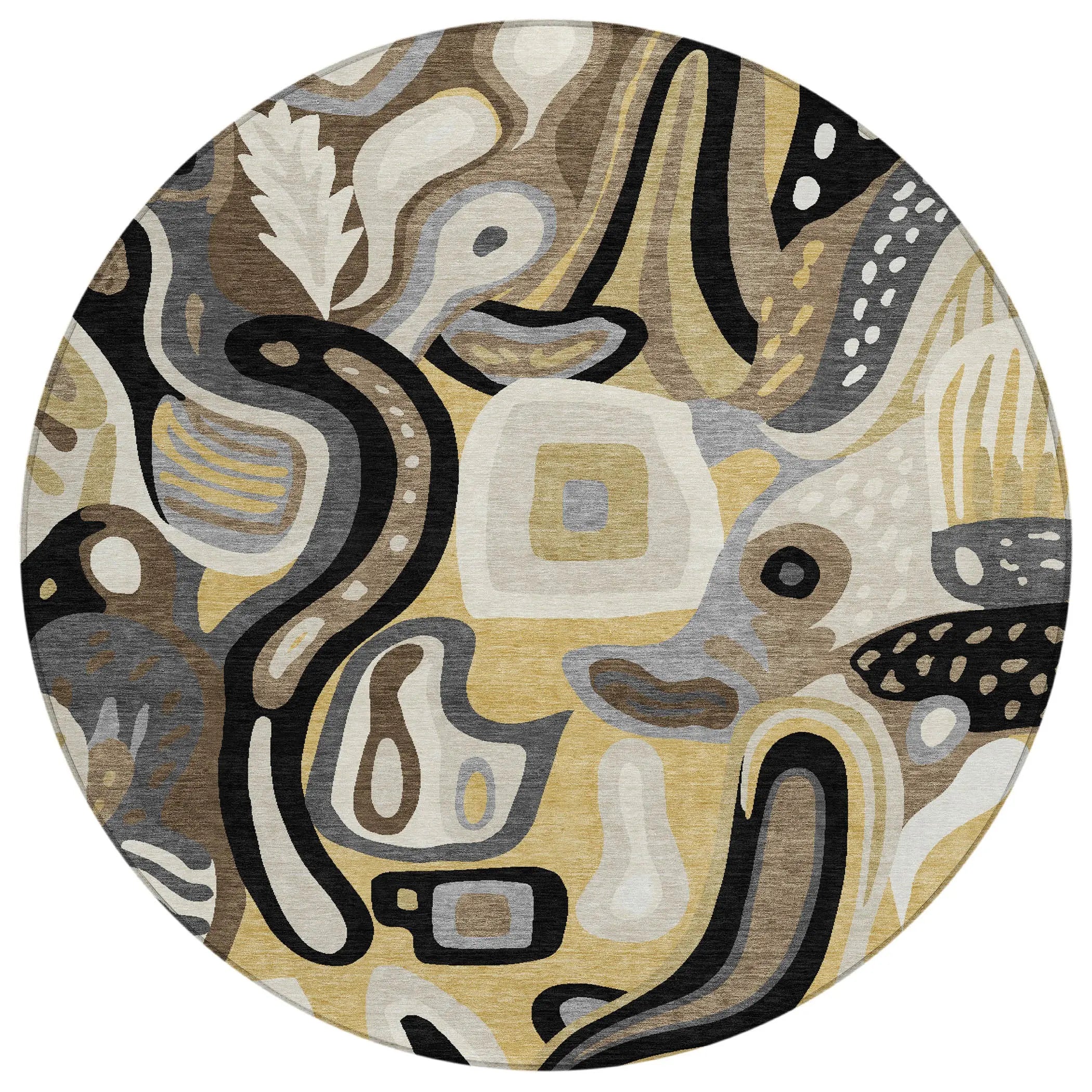 8' Gold And Brown Round Abstract Washable Indoor Outdoor Area Rug Homeroots Outdoor