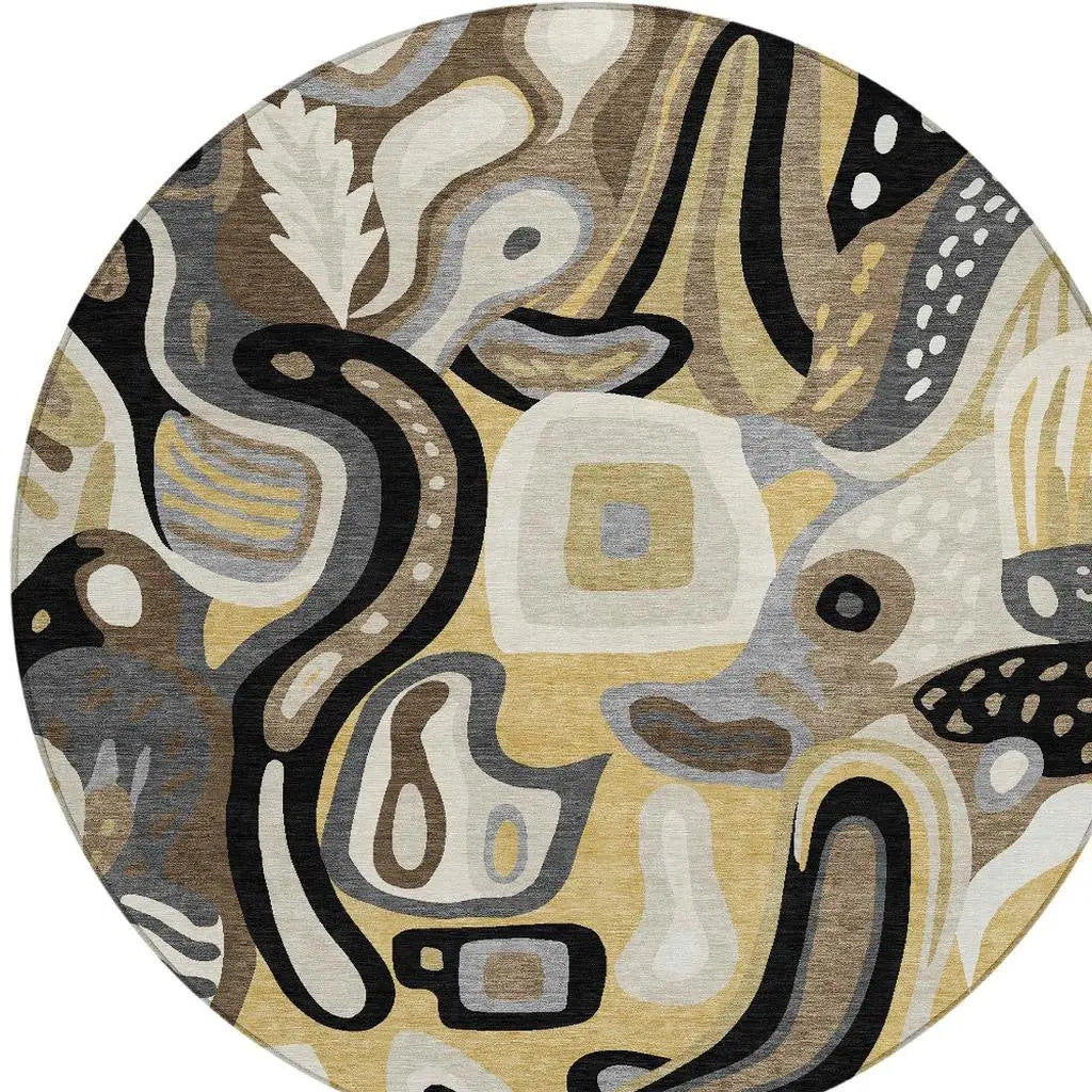 8' Gold And Brown Round Abstract Washable Indoor Outdoor Area Rug Homeroots Outdoor