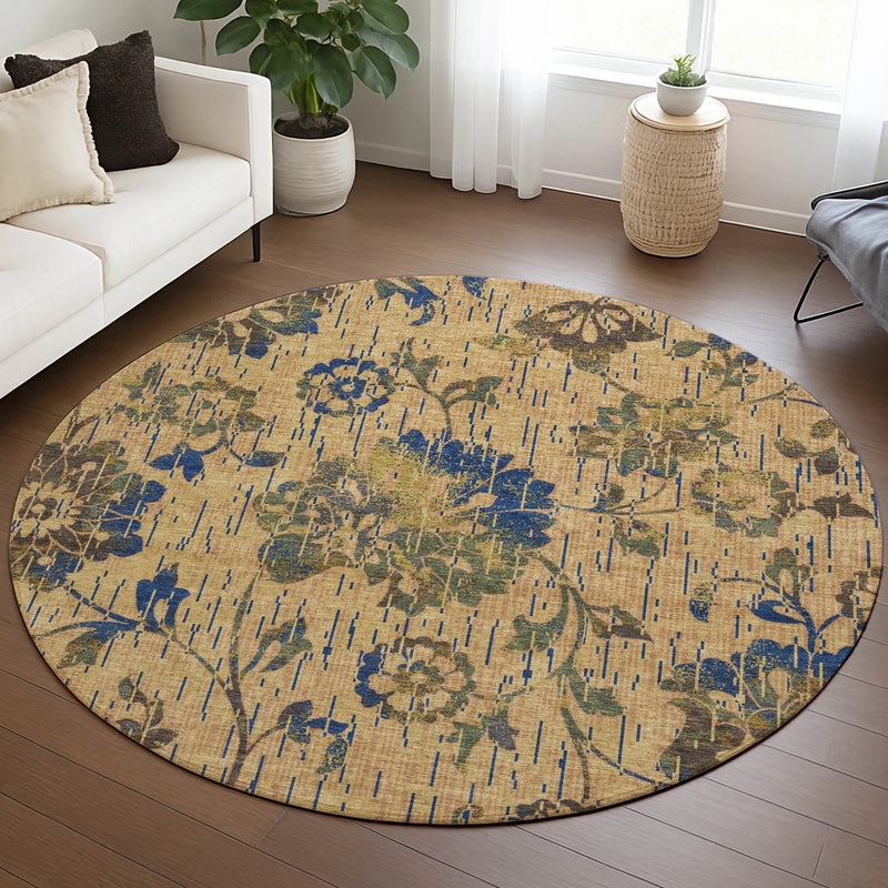 8' Gold And Brown Round Floral Washable Indoor Outdoor Area Rug Homeroots Outdoor