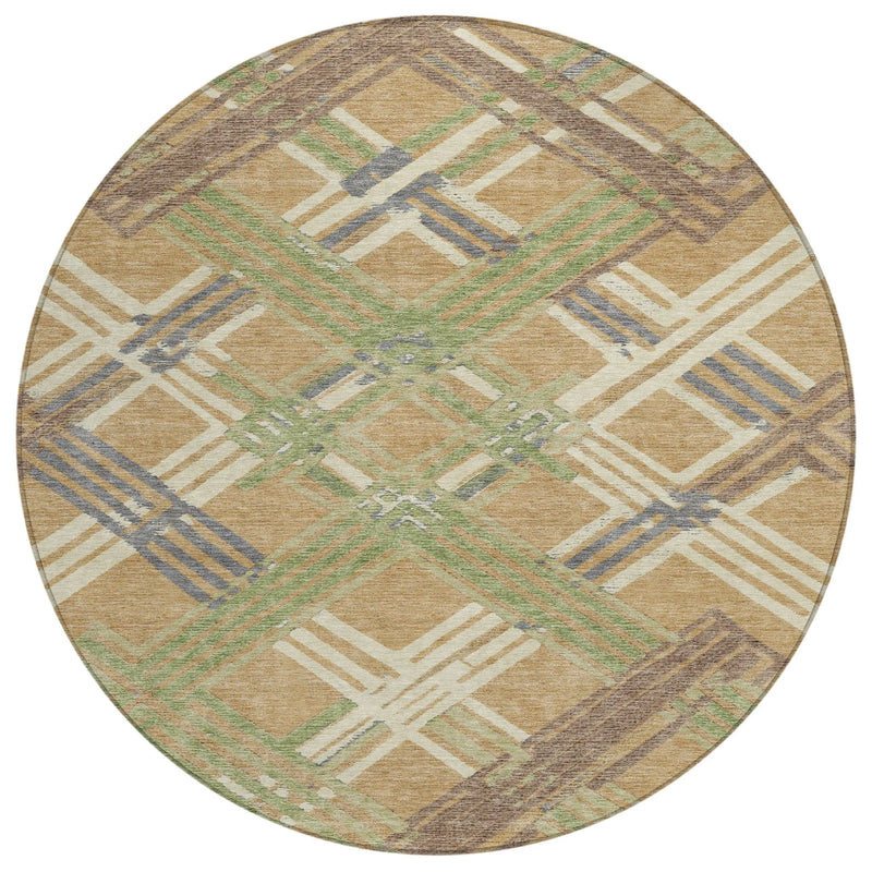 8' Gold And Brown Round Geometric Washable Indoor Outdoor Area Rug Homeroots Outdoor