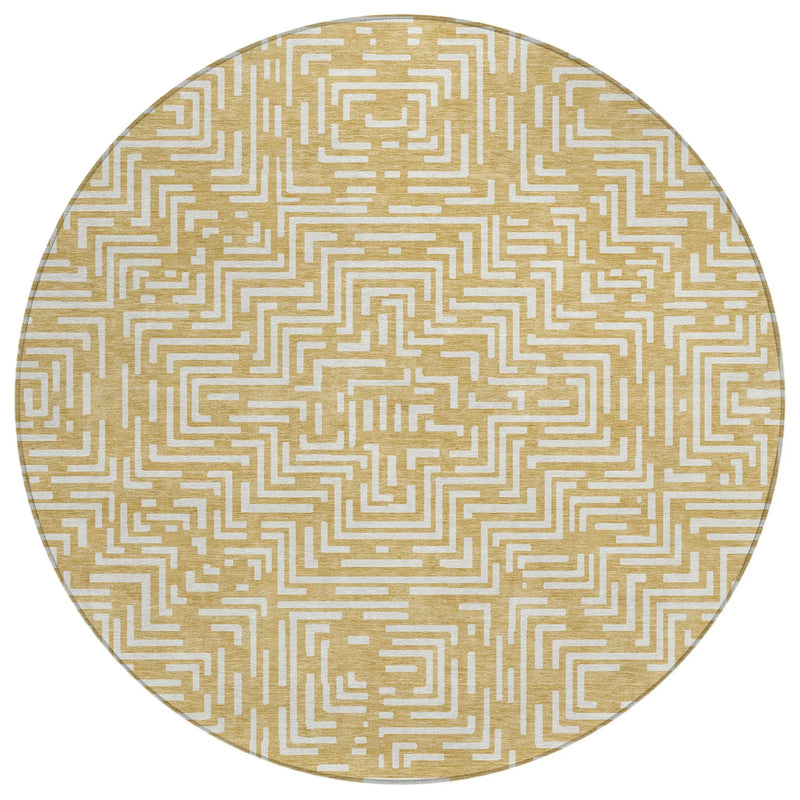 8' Gold And Brown Round Geometric Washable Indoor Outdoor Area Rug Homeroots Outdoor