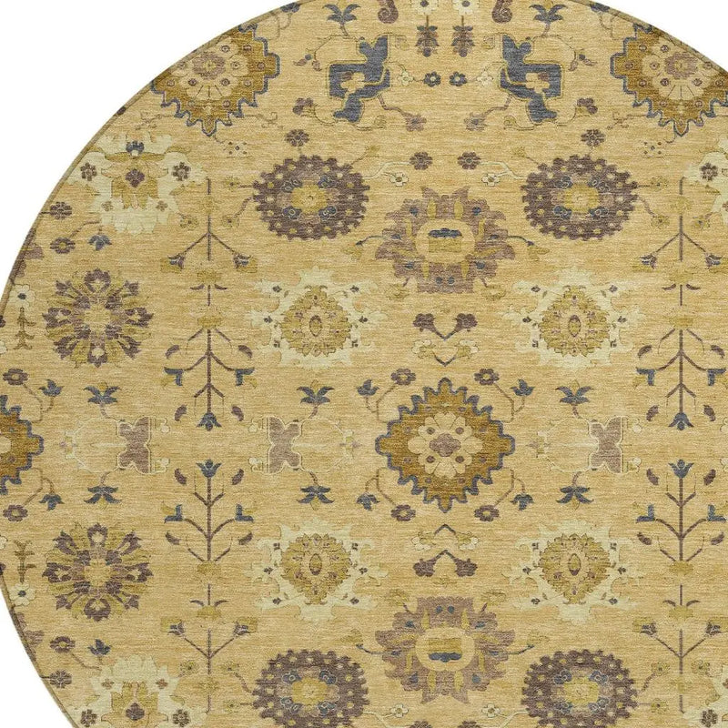 8' Gold And Brown Round Geometric Washable Indoor Outdoor Area Rug Homeroots Outdoor