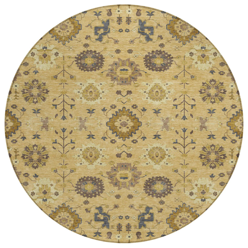 8' Gold And Brown Round Geometric Washable Indoor Outdoor Area Rug Homeroots Outdoor
