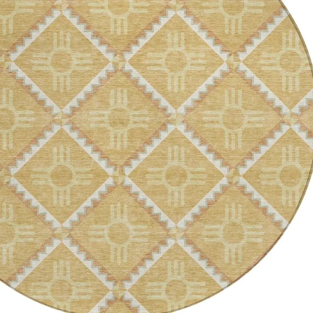 8' Gold And Brown Round Geometric Washable Indoor Outdoor Area Rug Homeroots Outdoor