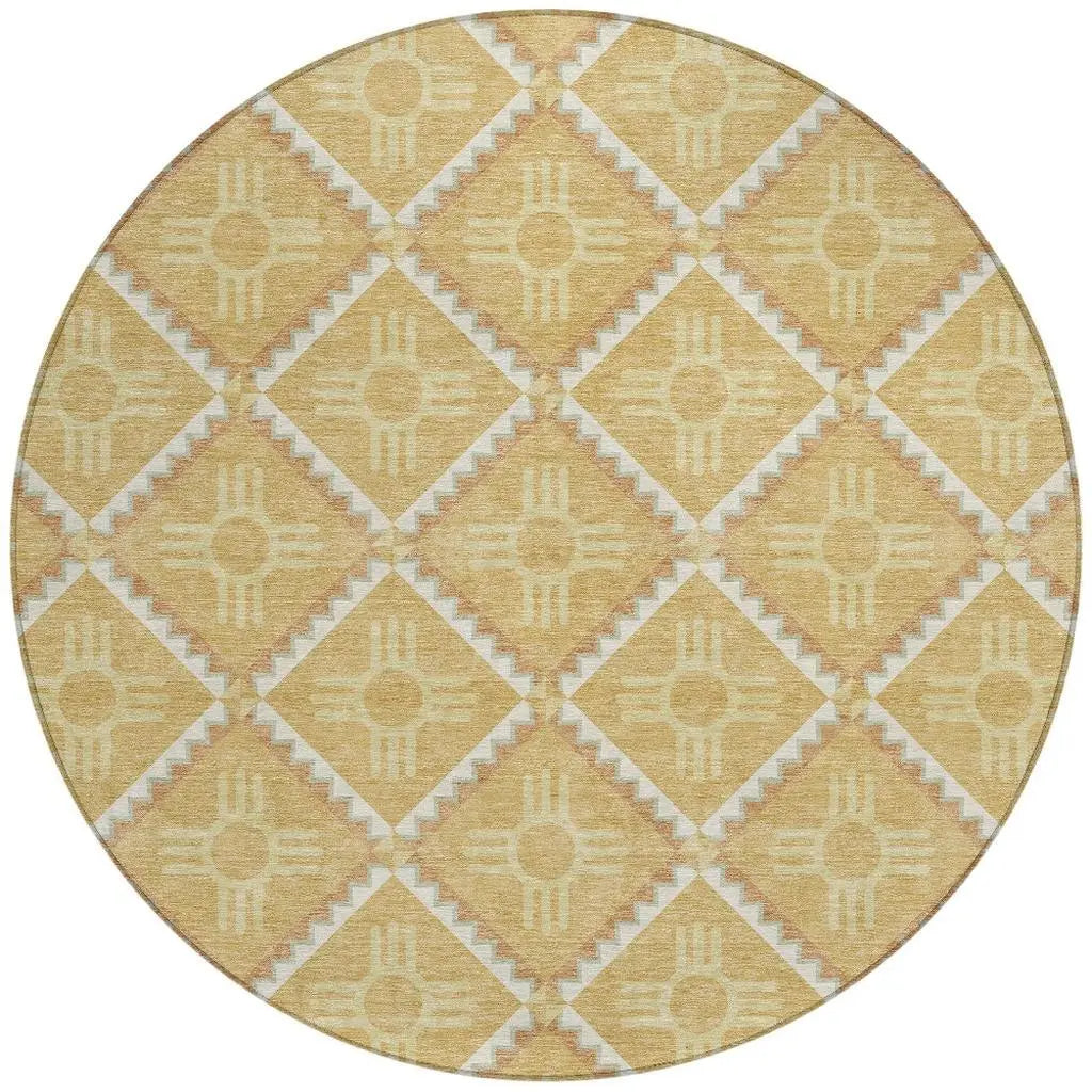 8' Gold And Brown Round Geometric Washable Indoor Outdoor Area Rug Homeroots Outdoor