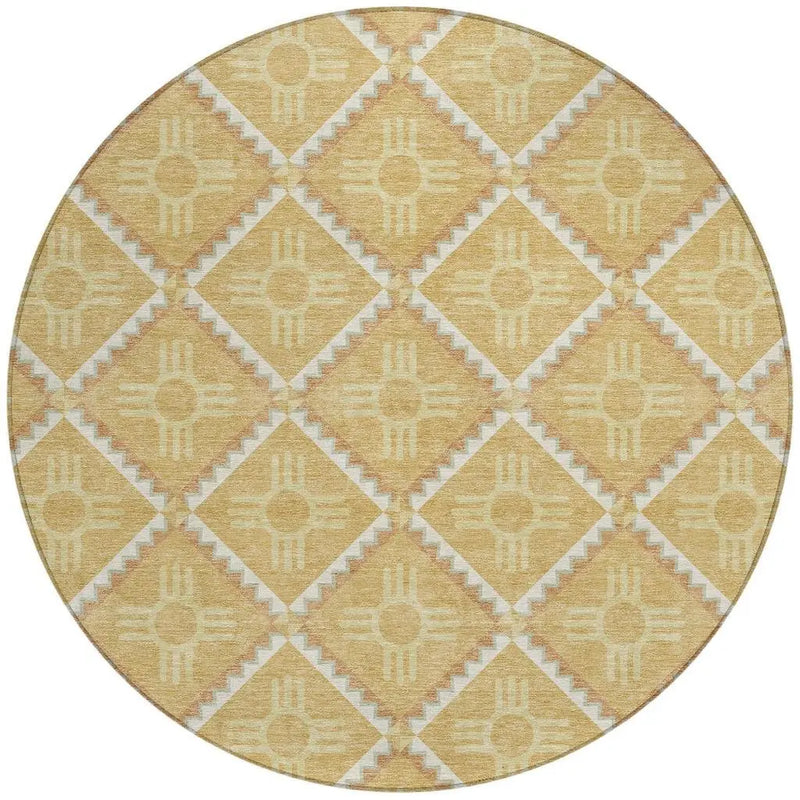 8' Gold And Brown Round Geometric Washable Indoor Outdoor Area Rug Homeroots Outdoor
