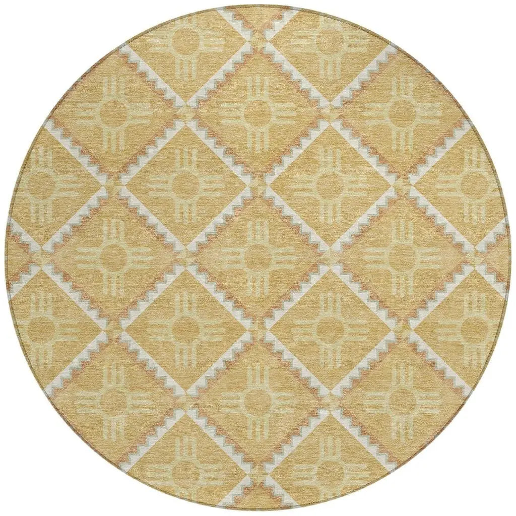 8' Gold And Brown Round Geometric Washable Indoor Outdoor Area Rug Homeroots Outdoor