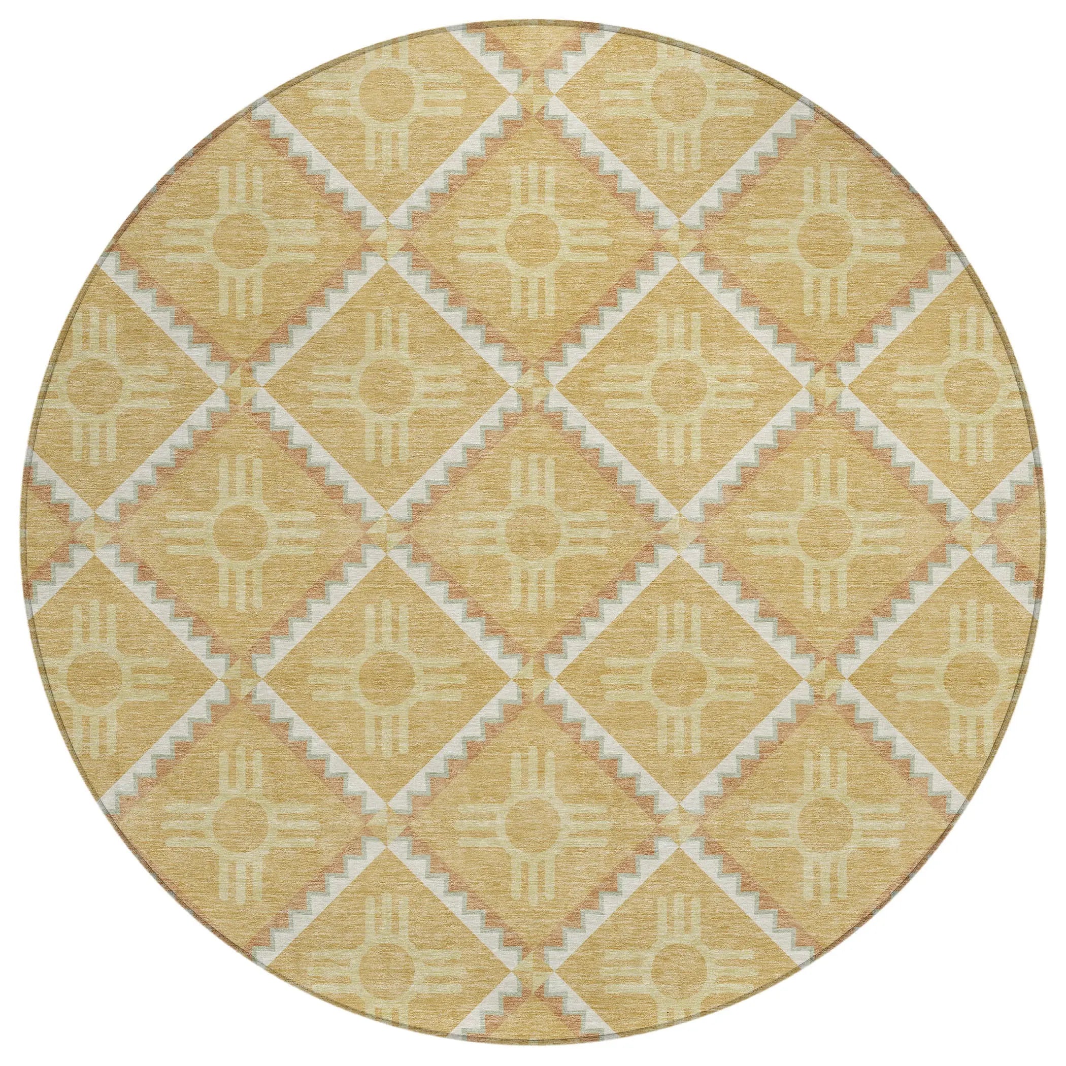 8' Gold And Brown Round Geometric Washable Indoor Outdoor Area Rug Homeroots Outdoor
