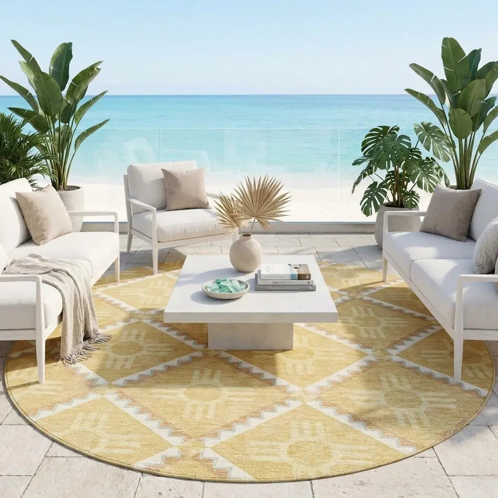 8' Gold And Brown Round Geometric Washable Indoor Outdoor Area Rug Homeroots Outdoor