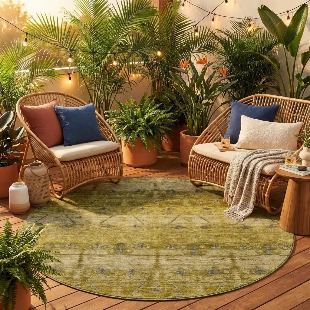 8' Gold And Brown Round Tribal Washable Indoor Outdoor Area Rug Homeroots Outdoor