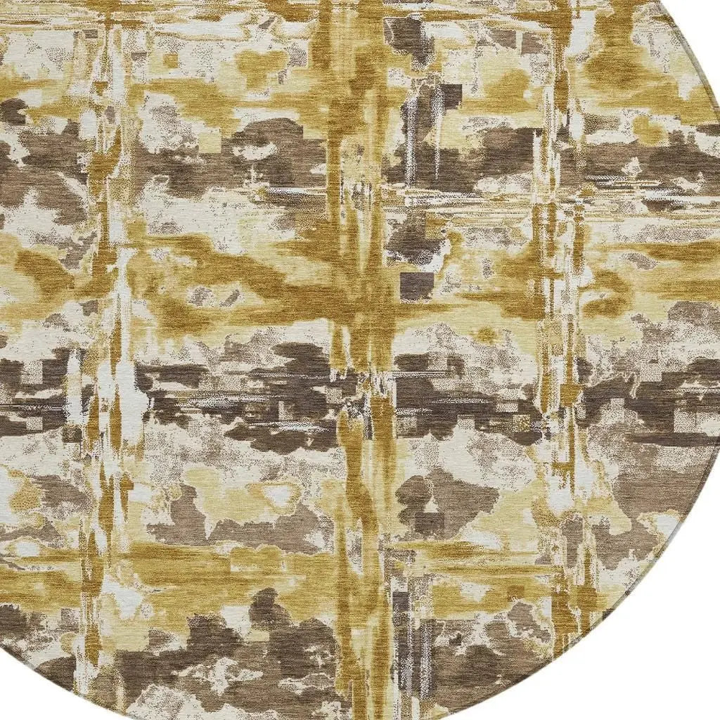 8' Gold And Coffee Round Abstract Washable Indoor Outdoor Area Rug Homeroots Outdoor