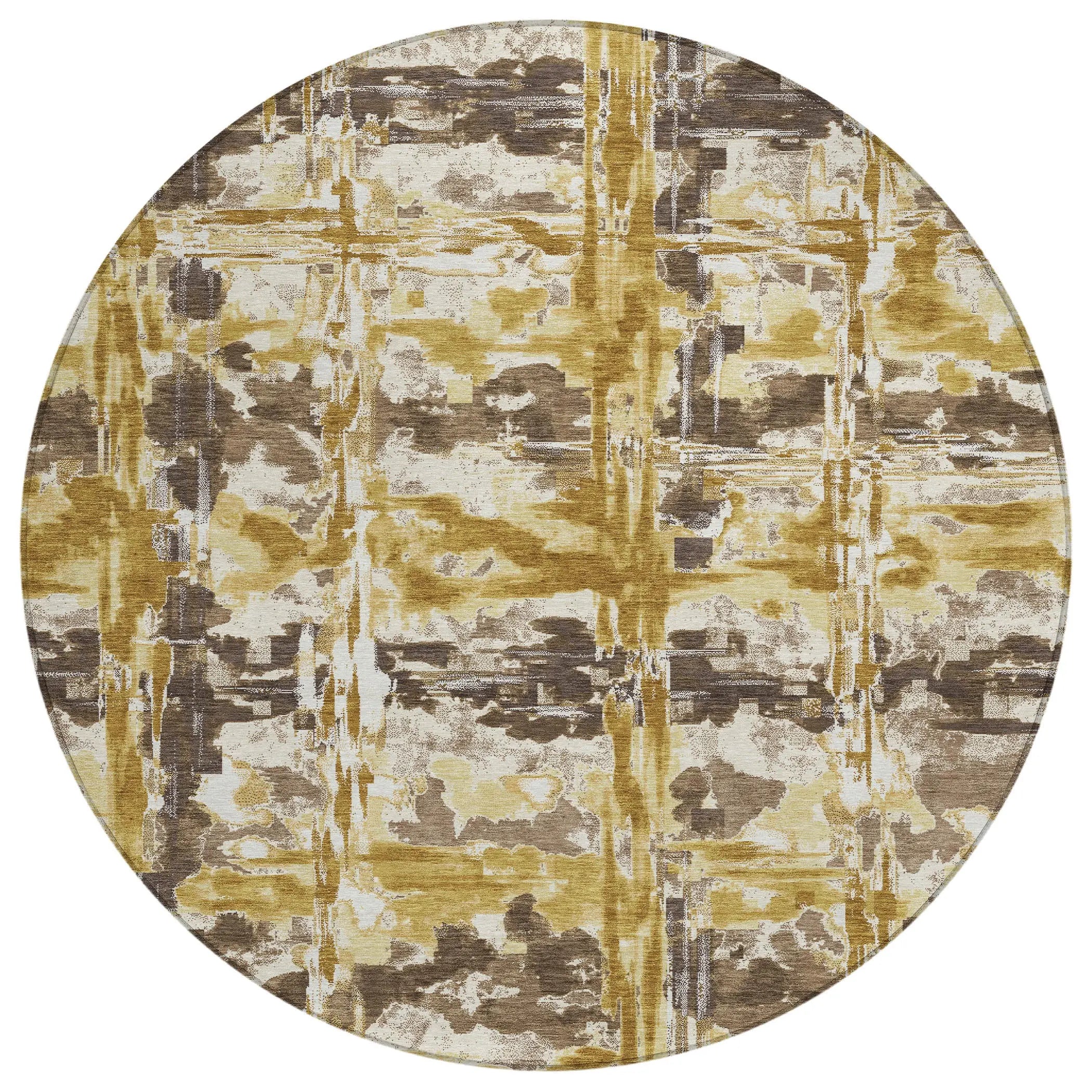 8' Gold And Coffee Round Abstract Washable Indoor Outdoor Area Rug Homeroots Outdoor