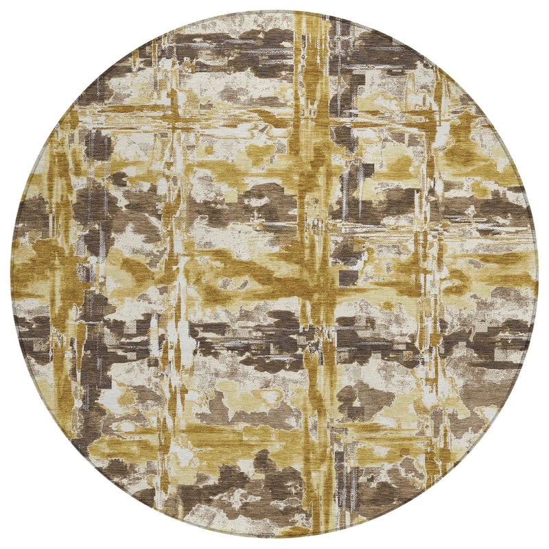 8' Gold And Coffee Round Abstract Washable Indoor Outdoor Area Rug Homeroots Outdoor