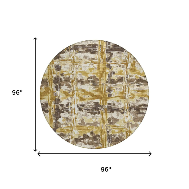 8' Gold And Coffee Round Abstract Washable Indoor Outdoor Area Rug Homeroots Outdoor