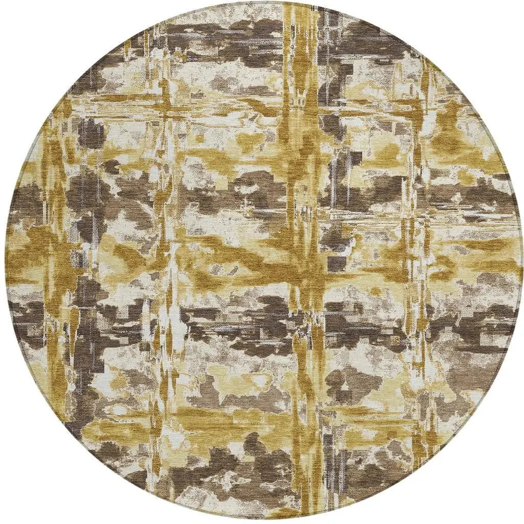 8' Gold And Coffee Round Abstract Washable Indoor Outdoor Area Rug Homeroots Outdoor